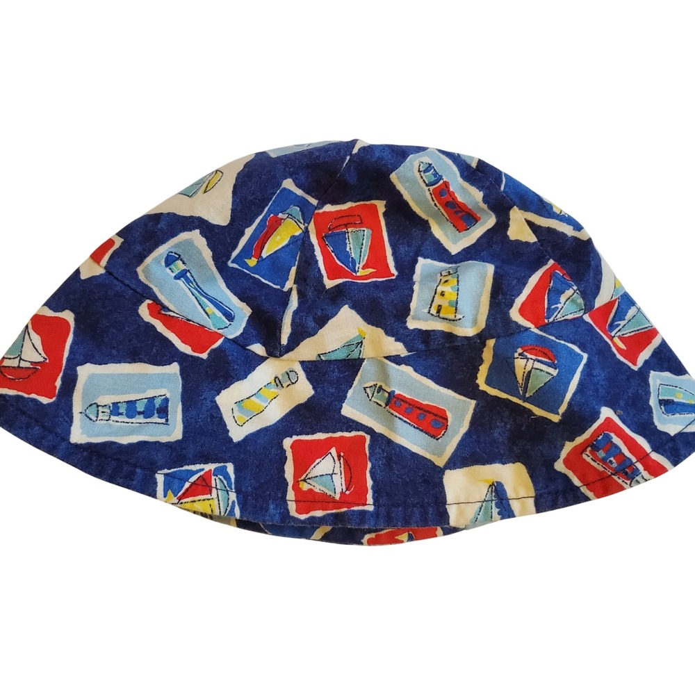 Infant Sailor Boat‎ Nautical Print Blue Cotton Soft Cap Hat vintage